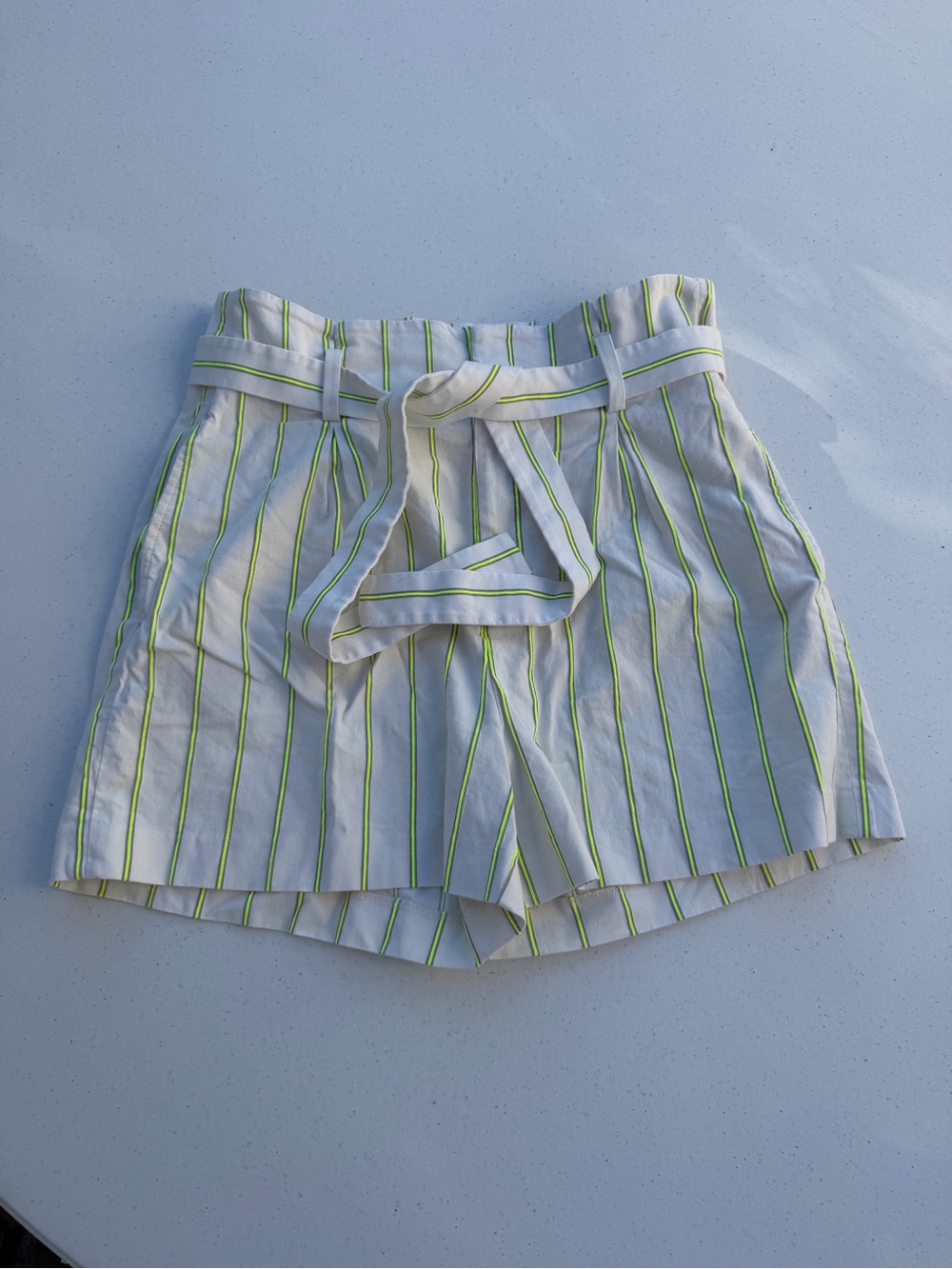 Banana Republic White High-Waist Striped Paperbag Shorts with Green Stripe